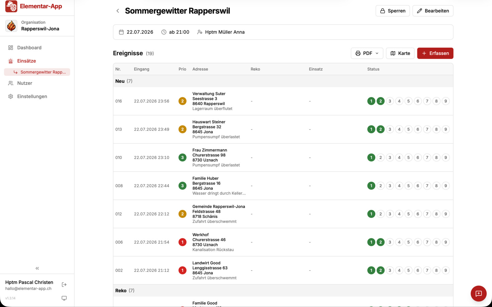 Ereignisliste eines Einsatzes mit Priorisierung nach rot, gelb, grün und Status-Fortschritt